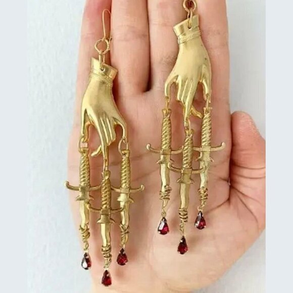 Gothic Golden Hand Shape and Swords Pendant Earrings - Brand New - Picture 1 of 1